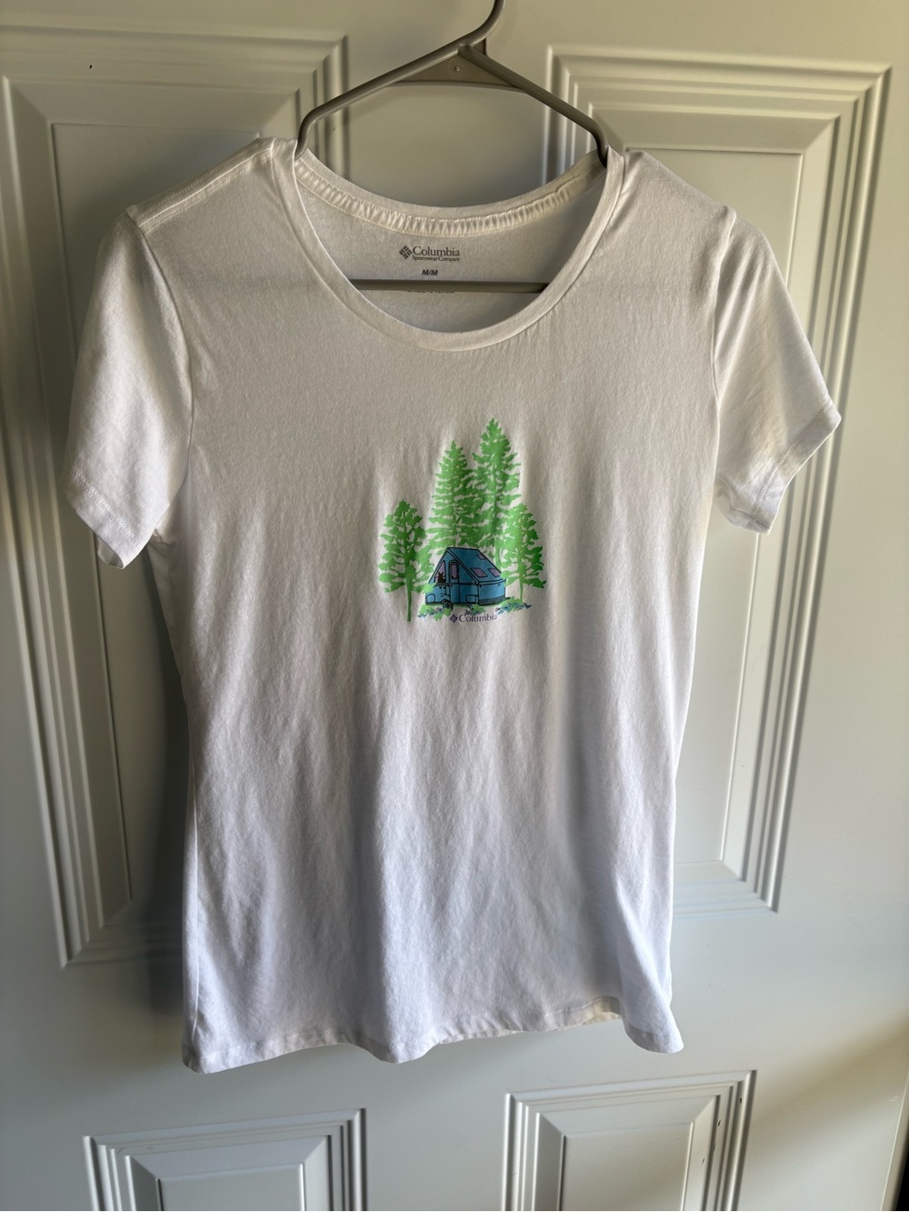 Columbia White Tee with Green Trees and Blue Cabin Graphic